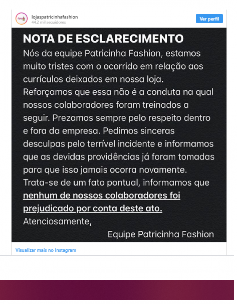 NOTA DE ESCLARECIMENTO VIA PERFIL INSTAGRAM (Foto: G1 RO)