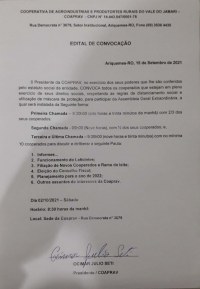 EDITAL DE CONVOCA&Ccedil;&Atilde;O DA ASSEMBLEIA EXTRAORDIN&Aacute;RIA DA COAPRAV - Foto: ASSESSORIA