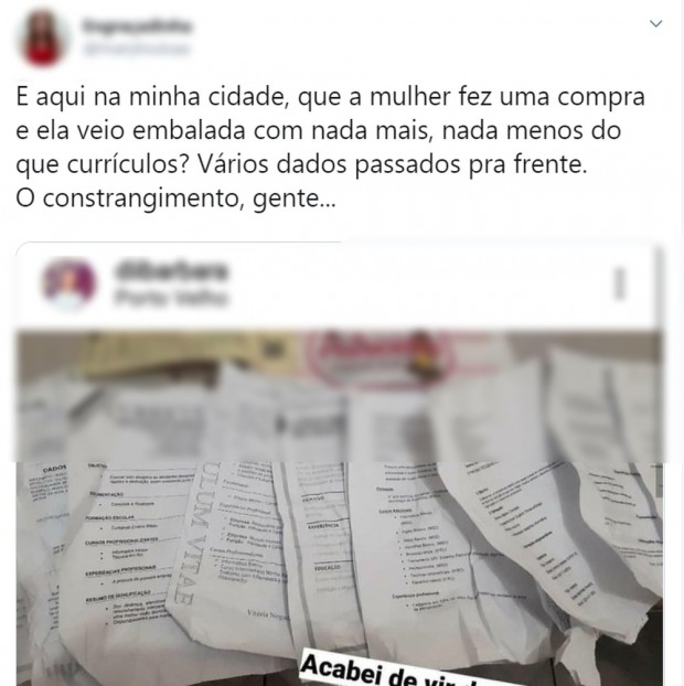 Internautas criticam loja de Porto Velho que embalou produtos com curr&iacute;culos. ? Foto: Reprodu&ccedil;&atilde;o/Twitter (Foto: G1 RO)