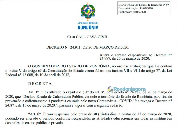 Decreto da suspens&atilde;o de aulas tamb&eacute;m na rede privada de ensino. (Foto: RONDONIAGORA)