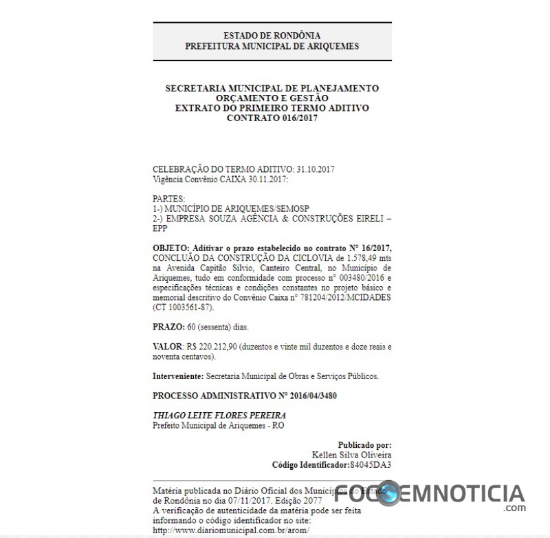 EMPRESA QUE EST&Aacute; CONSTRUINDO CICLOVIA EM ARIQUEMES GANHA ADITIVO DE 220 MIL REAIS