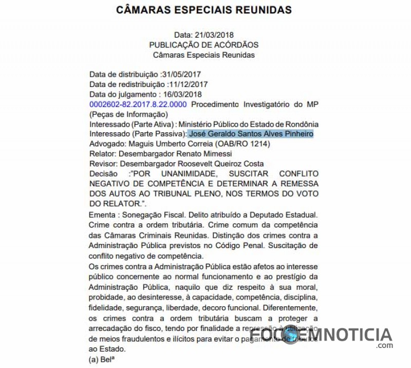 DEPUTADO GERALDO DA ROND&Ocirc;NIA SER&Aacute; JULGADO PELO PLENO DO "TJ" POR SONEGA&Ccedil;&Atilde;O DE IMPOSTOS