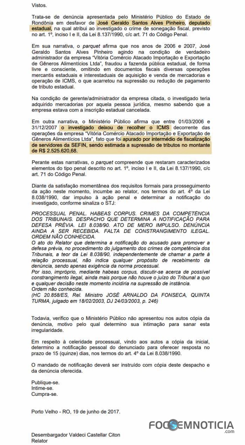 DEPUTADO GERALDO DA ROND&Ocirc;NIA SER&Aacute; JULGADO PELO PLENO DO "TJ" POR SONEGA&Ccedil;&Atilde;O DE IMPOSTOS