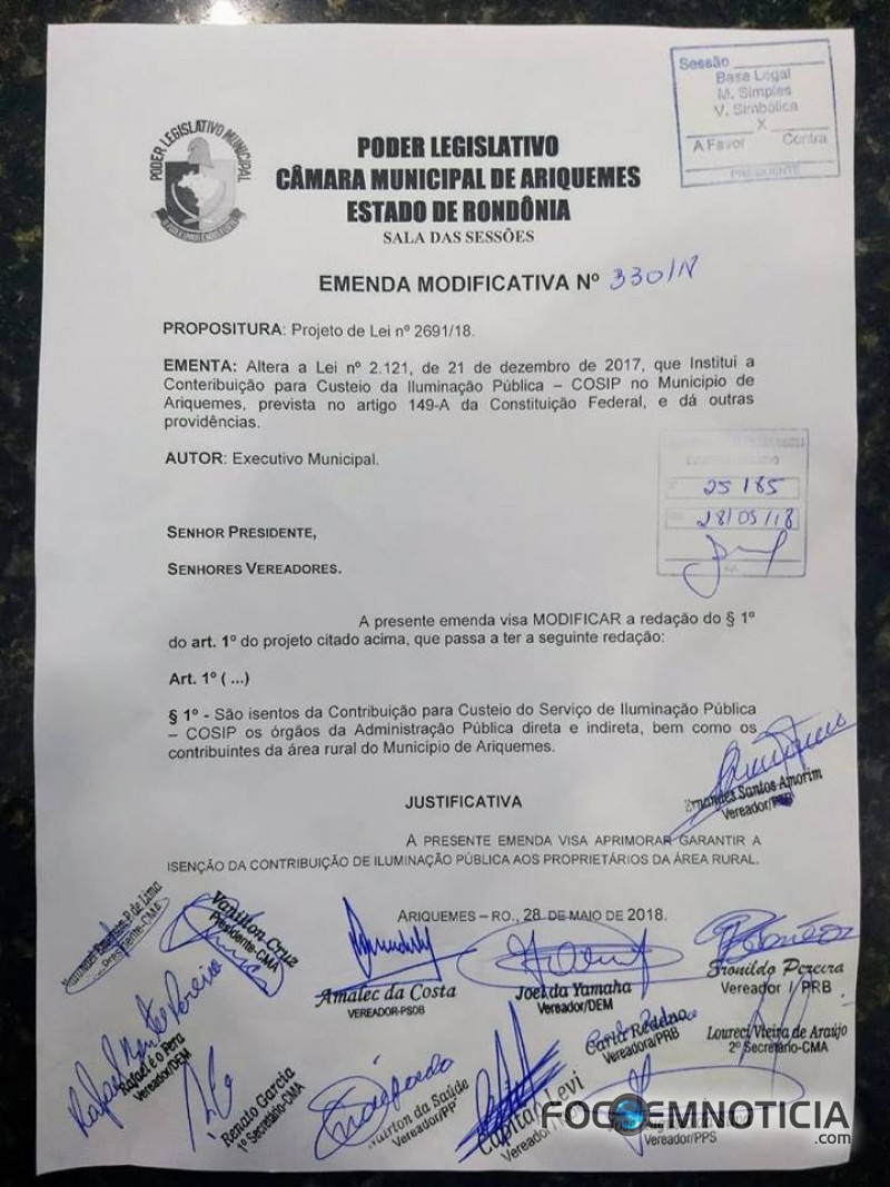 VEREADORES MUDAM LEI E AGRICULTORES N&Atilde;O IR&Atilde;O MAIS PAGAR TAXA DE ILUMINA&Ccedil;&Atilde;O P&Uacute;BLICA EM ARIQUEMES