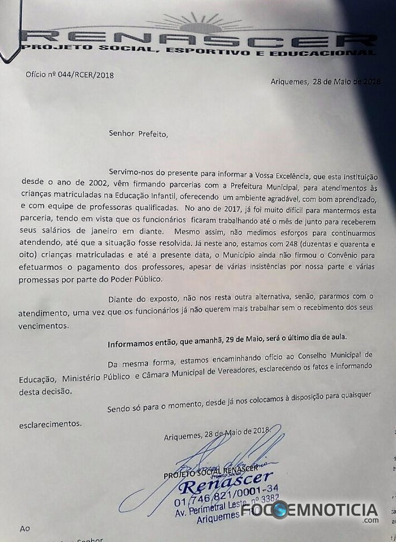 PREFEITURA N&Atilde;O PAGA CONV&Ecirc;NIO E ESCOLA RENASCER FECHA  AS PORTAS  EM ARIQUEMES