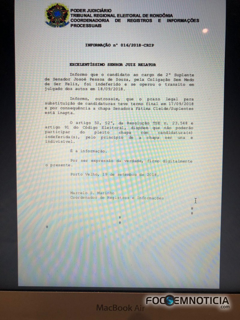 SEGUNDO DOCUMENTO DO "TRE" F&Aacute;TIMA CLEIDE N&Atilde;O PODER&Aacute; CONCORRER AO SENADO