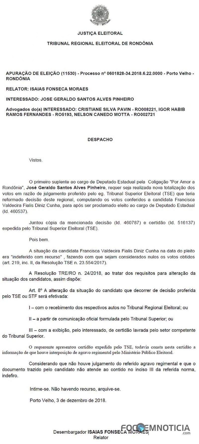 TRE NEGA PEDIDO E GERALDO DA ROND&Ocirc;NIA VOLTA A SER SUPLENTE NOVAMENTE