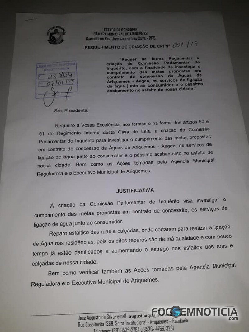 CPI: VEREADORES QUEREM QUE "&Aacute;GUAS DE ARIQUEMES" RECUPERE MALHA VI&Aacute;RIA E REDUZA PRE&Ccedil;O DA TAXA DE &Aacute;GUA