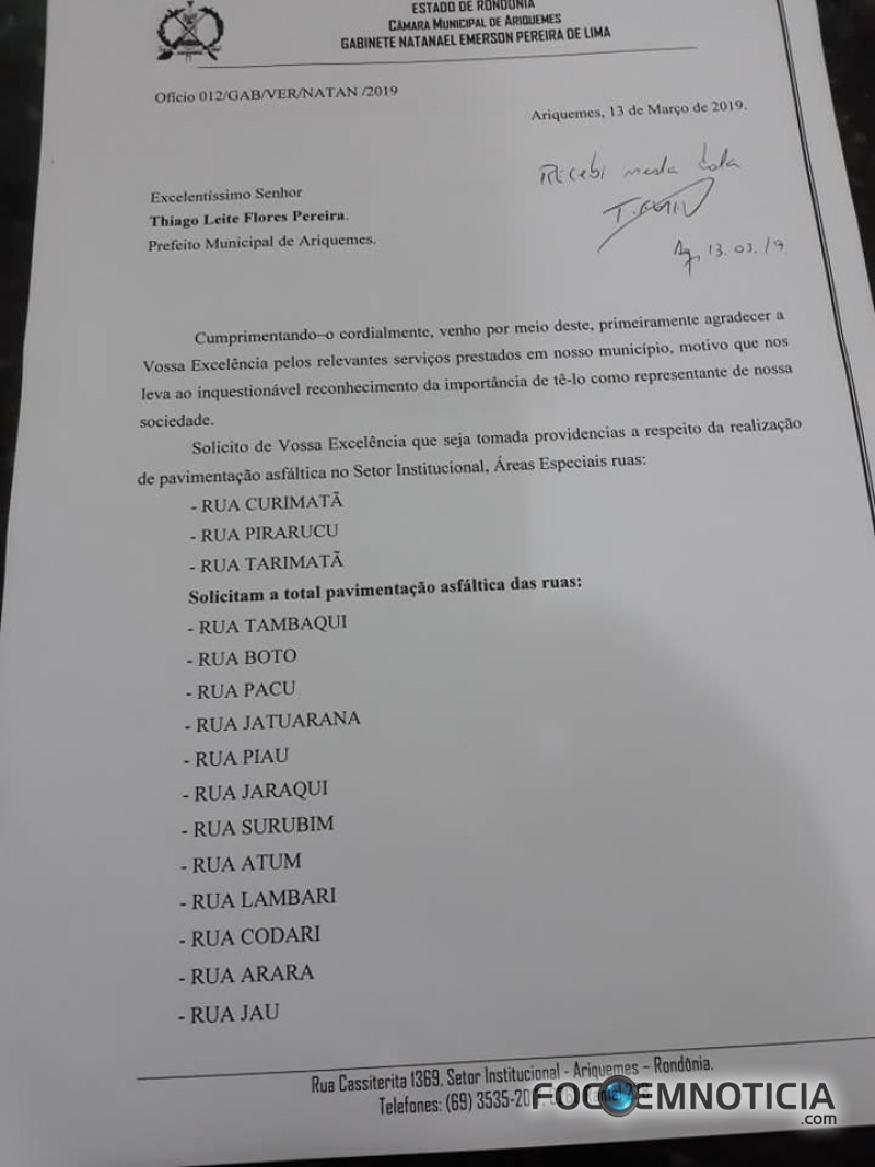 VEREADOR NATAN PEDE PARA O EXECUTIVO QUE SEJAM ASFALTADA AS RUAS DO SETOR INDUSTRIAL EM ARIQUEMES