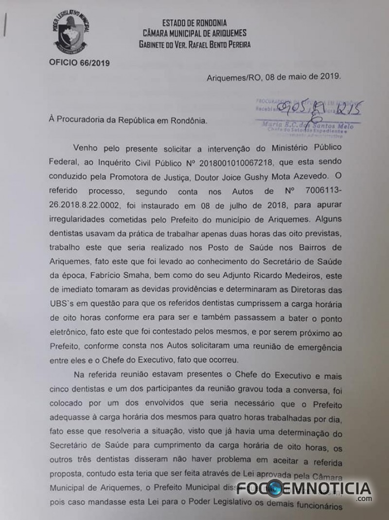 VEREADOR RAFAEL PROTOCOLA DEN&Uacute;NCIA NA "PR" PARA APURAR POSS&Iacute;VEIS IRREGULARIDADES NO PMAQ EM ARIQUEME