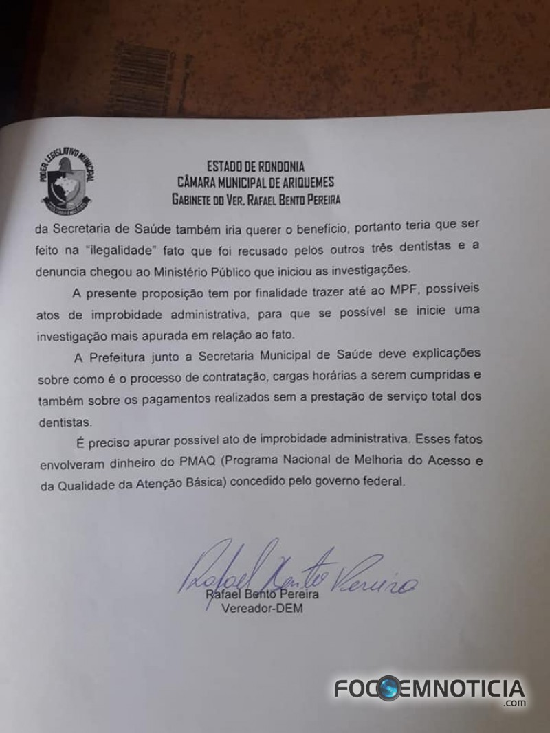 VEREADOR RAFAEL PROTOCOLA DEN&Uacute;NCIA NA "PR" PARA APURAR POSS&Iacute;VEIS IRREGULARIDADES NO PMAQ EM ARIQUEME