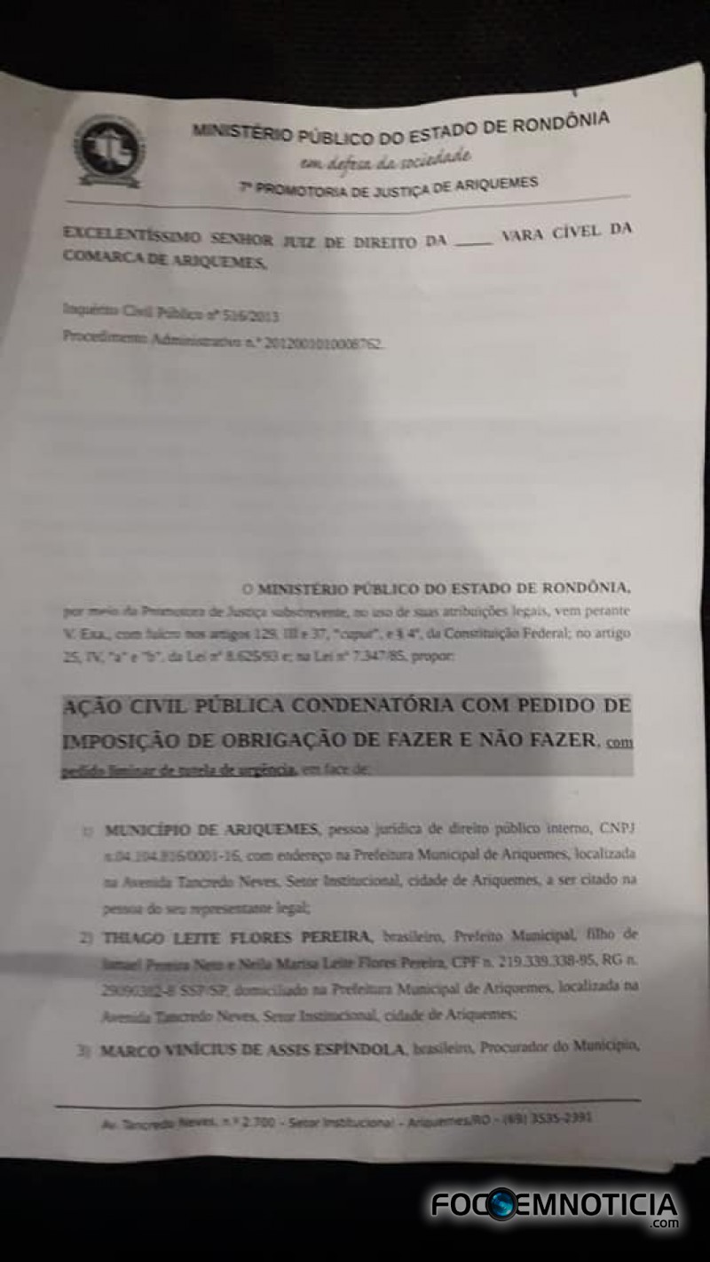 MP PEDE CANCELAMENTO DO CONTRATO ENTRE PREFEITURA DE ARIQUEMES E EMPRESA TERCEIRIZADA DO RAIO - X