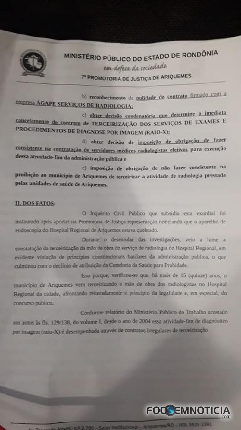 MP PEDE CANCELAMENTO DO CONTRATO ENTRE PREFEITURA DE ARIQUEMES E EMPRESA TERCEIRIZADA DO RAIO - X