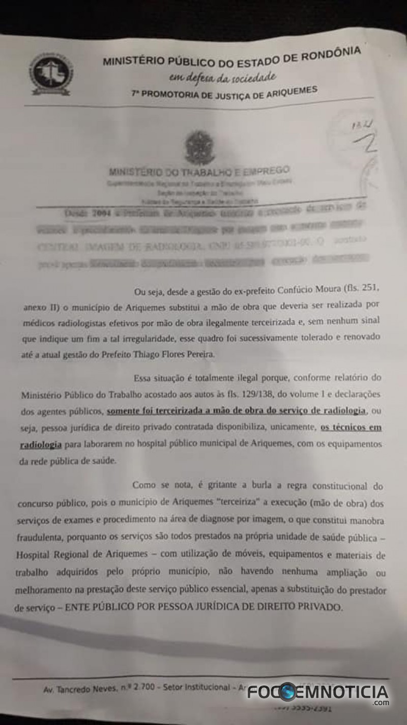 MP PEDE CANCELAMENTO DO CONTRATO ENTRE PREFEITURA DE ARIQUEMES E EMPRESA TERCEIRIZADA DO RAIO - X