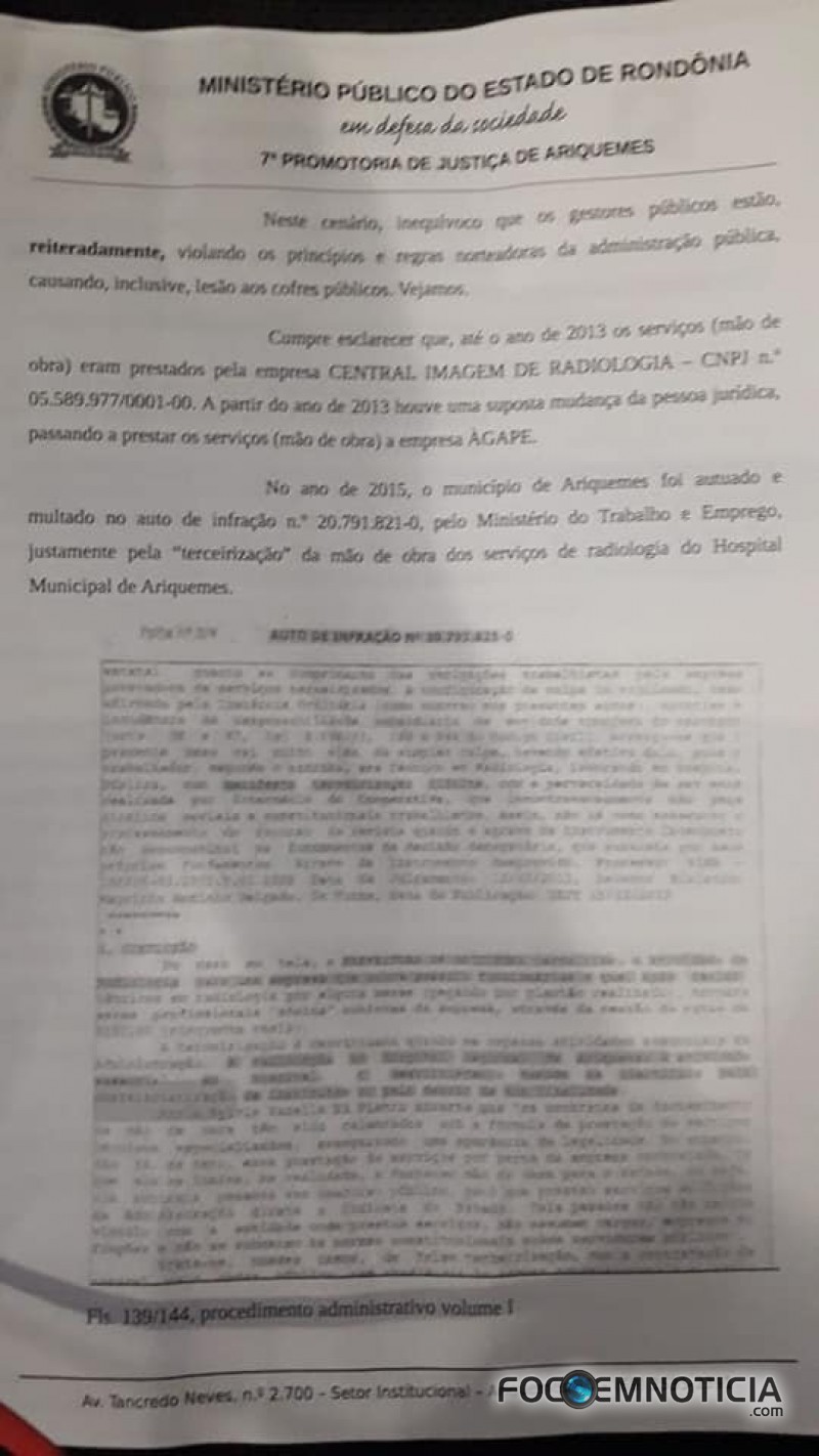 MP PEDE CANCELAMENTO DO CONTRATO ENTRE PREFEITURA DE ARIQUEMES E EMPRESA TERCEIRIZADA DO RAIO - X