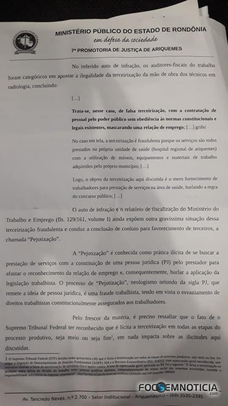 MP PEDE CANCELAMENTO DO CONTRATO ENTRE PREFEITURA DE ARIQUEMES E EMPRESA TERCEIRIZADA DO RAIO - X