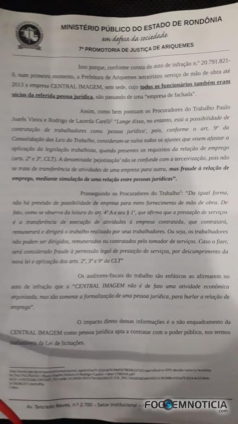 MP PEDE CANCELAMENTO DO CONTRATO ENTRE PREFEITURA DE ARIQUEMES E EMPRESA TERCEIRIZADA DO RAIO - X