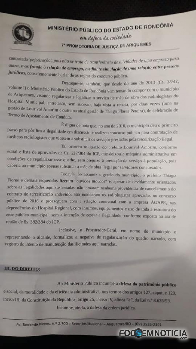 MP PEDE CANCELAMENTO DO CONTRATO ENTRE PREFEITURA DE ARIQUEMES E EMPRESA TERCEIRIZADA DO RAIO - X