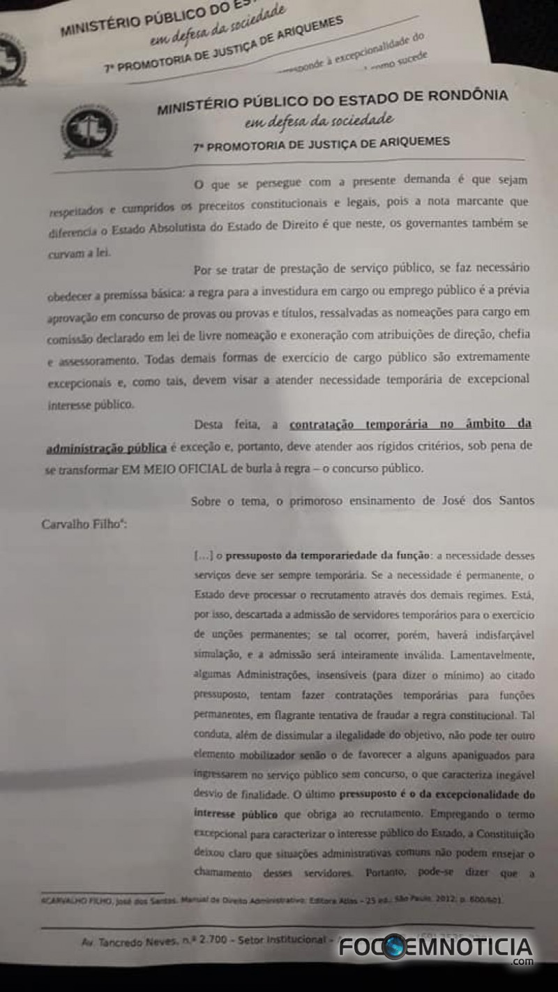MP PEDE CANCELAMENTO DO CONTRATO ENTRE PREFEITURA DE ARIQUEMES E EMPRESA TERCEIRIZADA DO RAIO - X