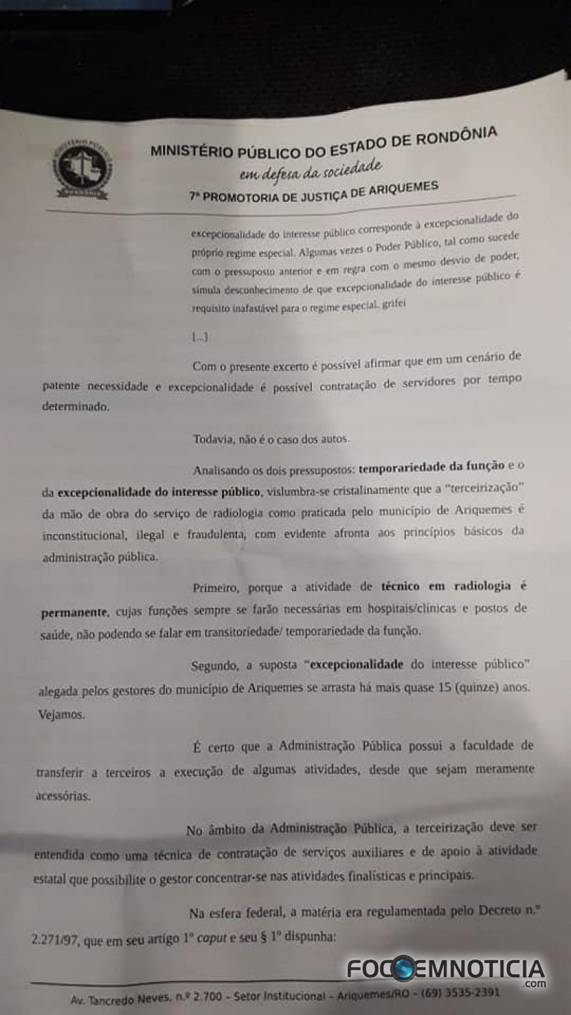 MP PEDE CANCELAMENTO DO CONTRATO ENTRE PREFEITURA DE ARIQUEMES E EMPRESA TERCEIRIZADA DO RAIO - X