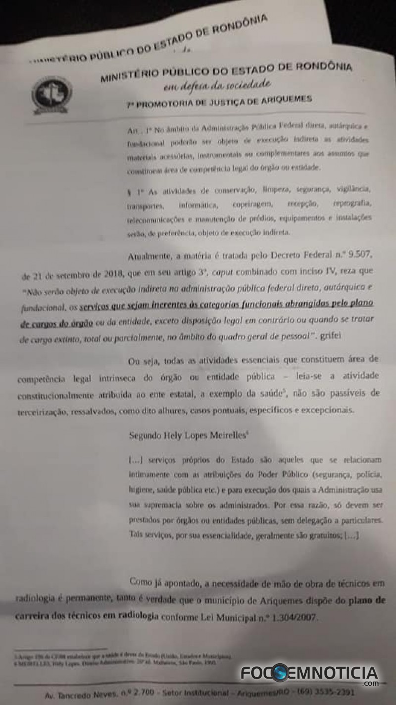 MP PEDE CANCELAMENTO DO CONTRATO ENTRE PREFEITURA DE ARIQUEMES E EMPRESA TERCEIRIZADA DO RAIO - X