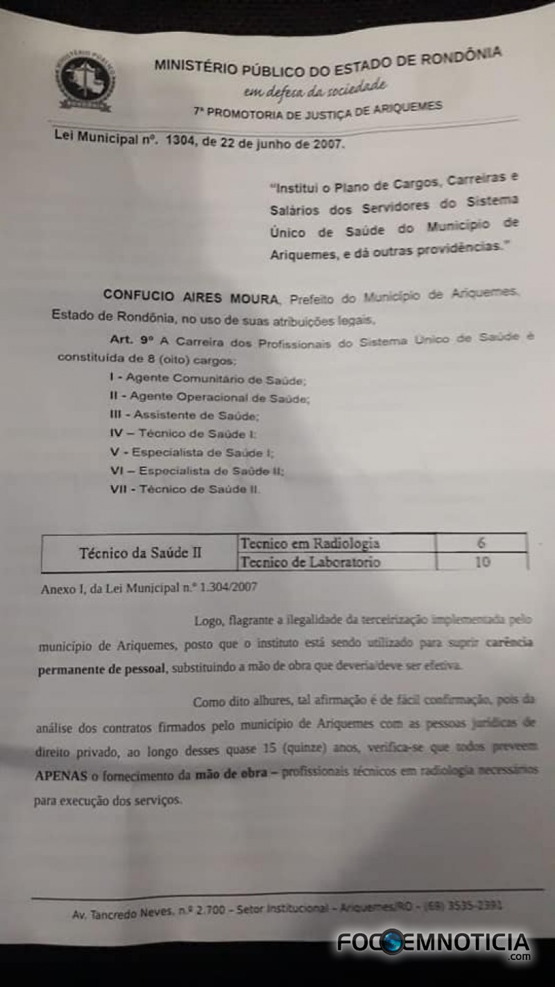 MP PEDE CANCELAMENTO DO CONTRATO ENTRE PREFEITURA DE ARIQUEMES E EMPRESA TERCEIRIZADA DO RAIO - X