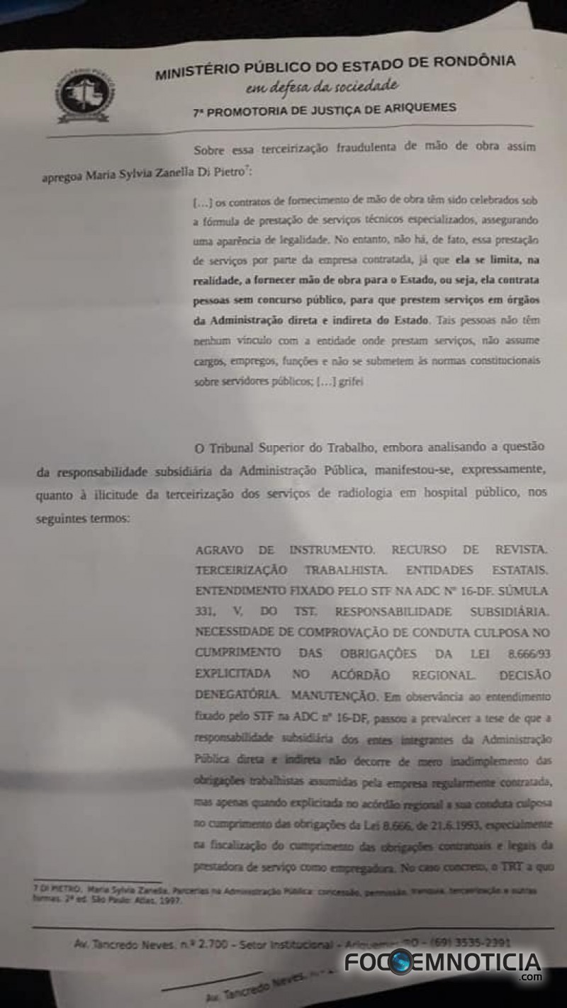 MP PEDE CANCELAMENTO DO CONTRATO ENTRE PREFEITURA DE ARIQUEMES E EMPRESA TERCEIRIZADA DO RAIO - X