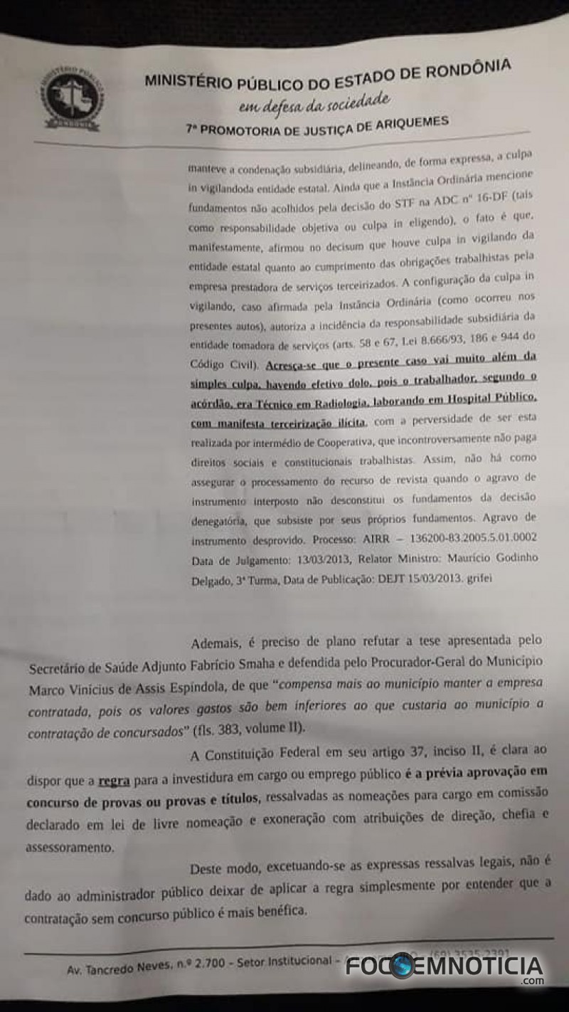 MP PEDE CANCELAMENTO DO CONTRATO ENTRE PREFEITURA DE ARIQUEMES E EMPRESA TERCEIRIZADA DO RAIO - X