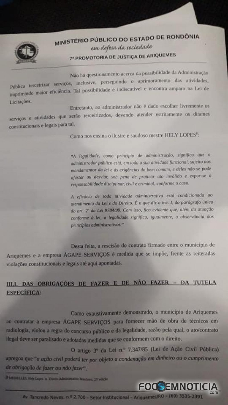 MP PEDE CANCELAMENTO DO CONTRATO ENTRE PREFEITURA DE ARIQUEMES E EMPRESA TERCEIRIZADA DO RAIO - X