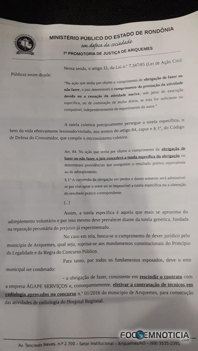 MP PEDE CANCELAMENTO DO CONTRATO ENTRE PREFEITURA DE ARIQUEMES E EMPRESA TERCEIRIZADA DO RAIO - X