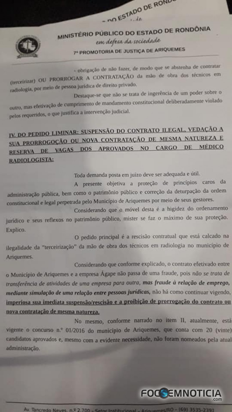 MP PEDE CANCELAMENTO DO CONTRATO ENTRE PREFEITURA DE ARIQUEMES E EMPRESA TERCEIRIZADA DO RAIO - X
