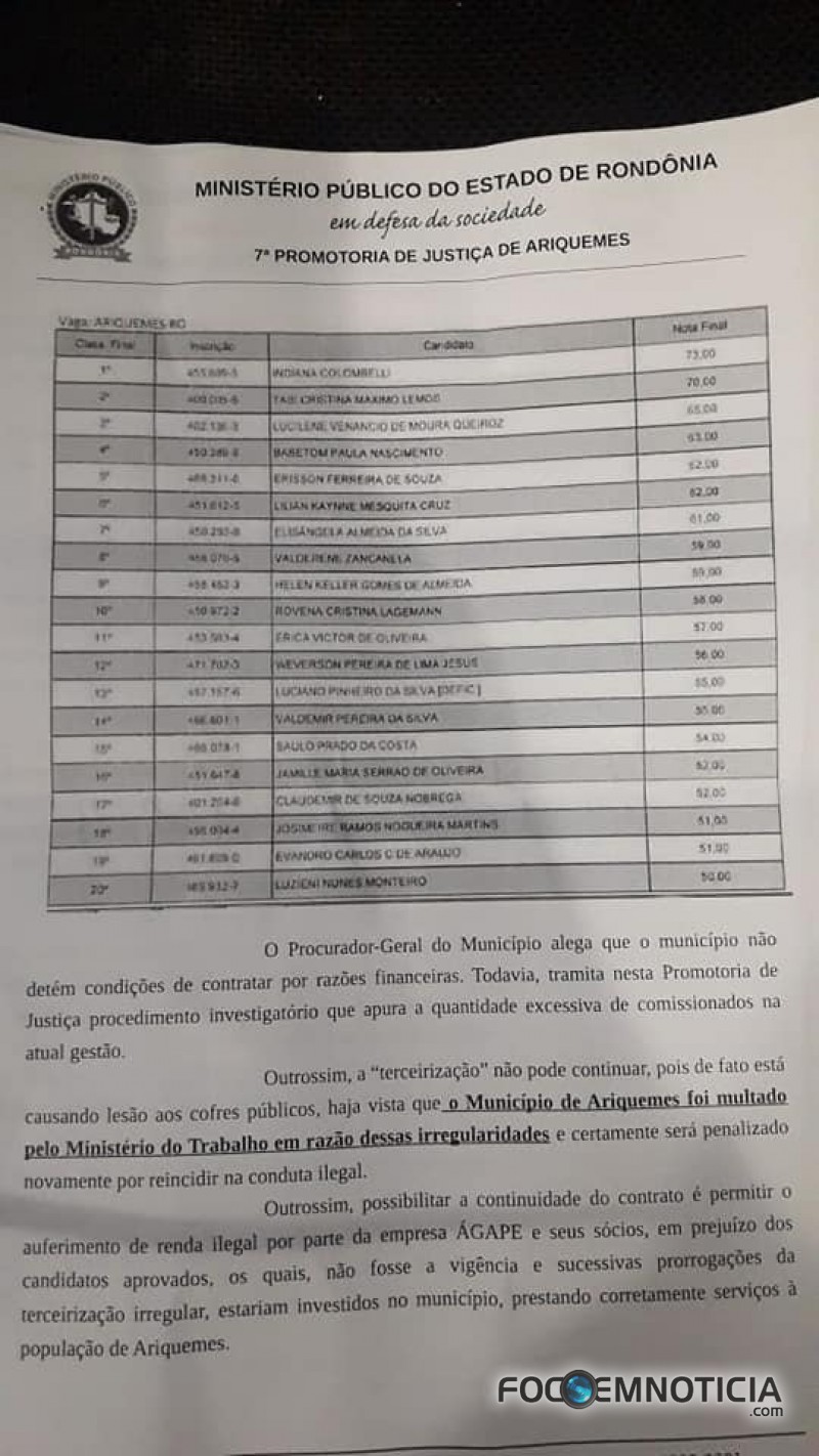 MP PEDE CANCELAMENTO DO CONTRATO ENTRE PREFEITURA DE ARIQUEMES E EMPRESA TERCEIRIZADA DO RAIO - X