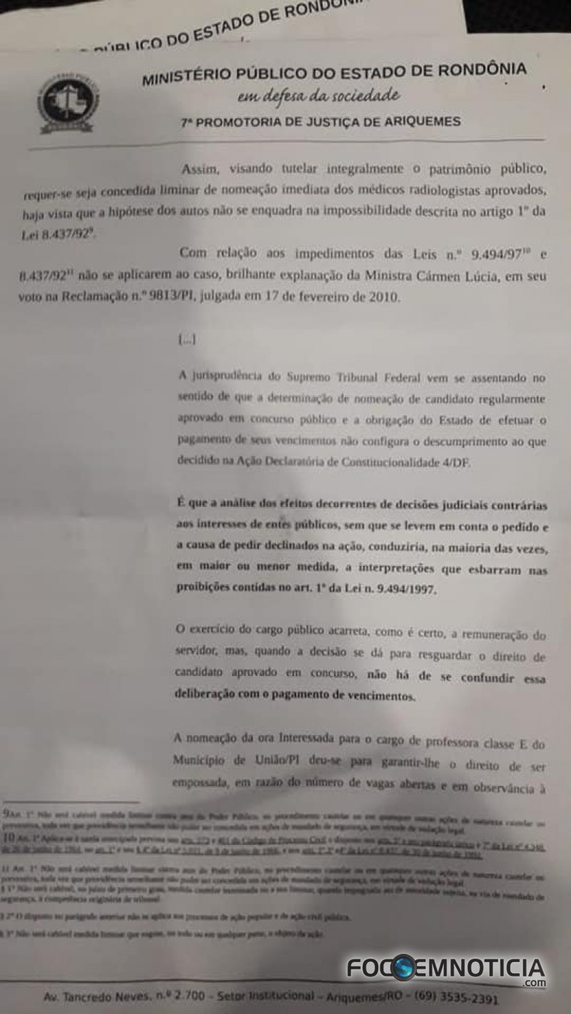 MP PEDE CANCELAMENTO DO CONTRATO ENTRE PREFEITURA DE ARIQUEMES E EMPRESA TERCEIRIZADA DO RAIO - X