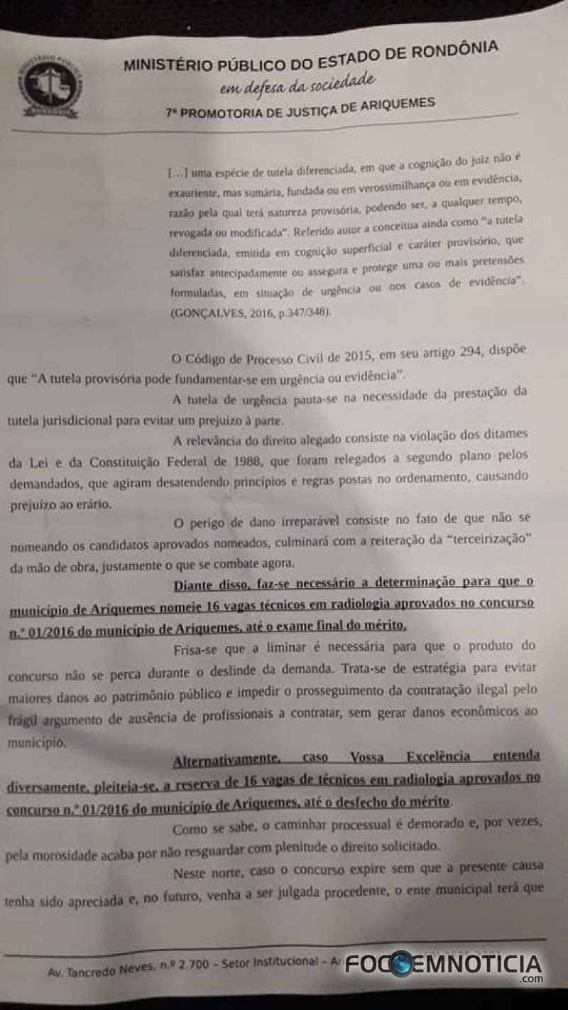 MP PEDE CANCELAMENTO DO CONTRATO ENTRE PREFEITURA DE ARIQUEMES E EMPRESA TERCEIRIZADA DO RAIO - X