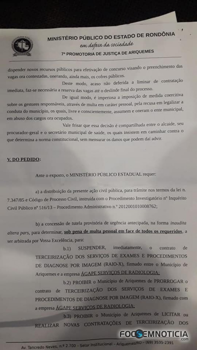 MP PEDE CANCELAMENTO DO CONTRATO ENTRE PREFEITURA DE ARIQUEMES E EMPRESA TERCEIRIZADA DO RAIO - X