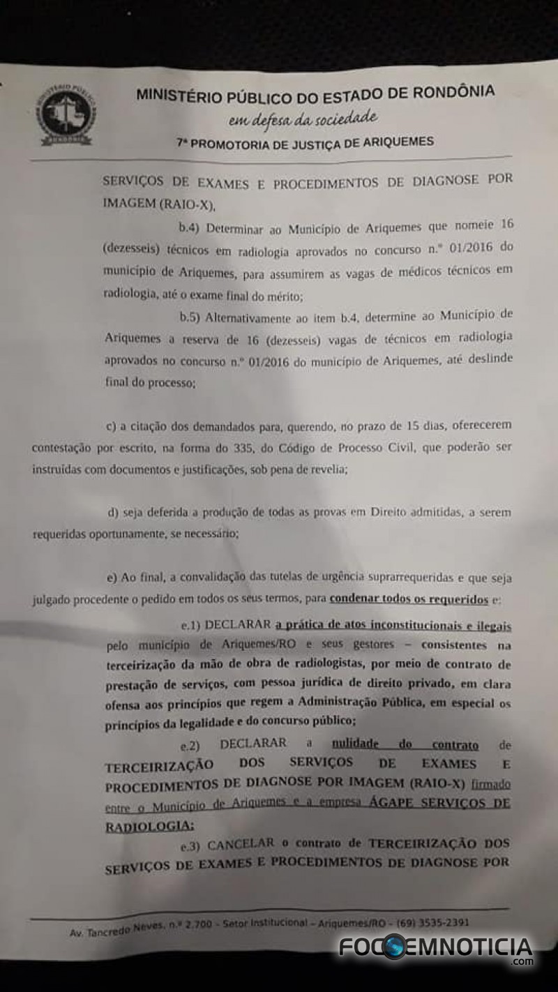 MP PEDE CANCELAMENTO DO CONTRATO ENTRE PREFEITURA DE ARIQUEMES E EMPRESA TERCEIRIZADA DO RAIO - X