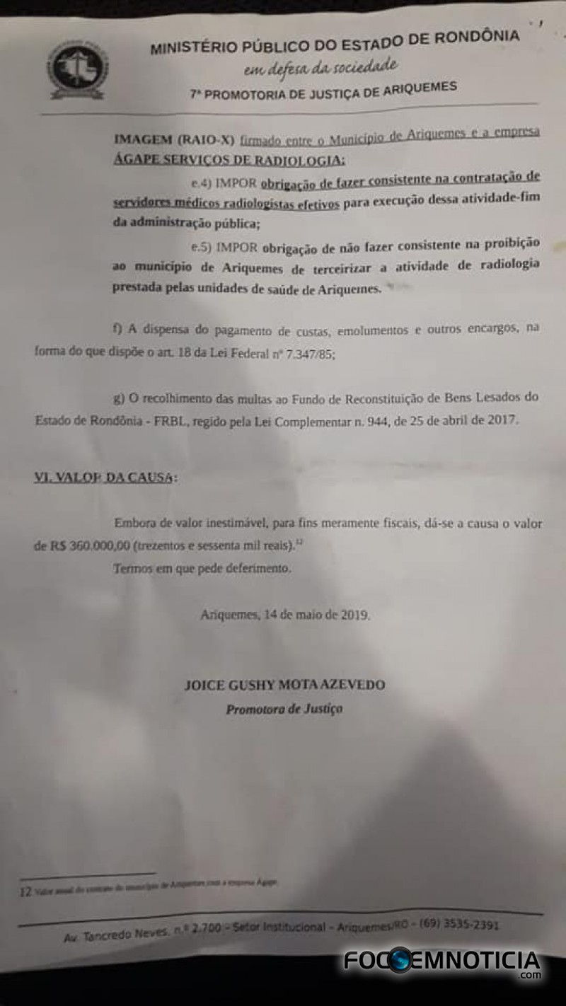 MP PEDE CANCELAMENTO DO CONTRATO ENTRE PREFEITURA DE ARIQUEMES E EMPRESA TERCEIRIZADA DO RAIO - X