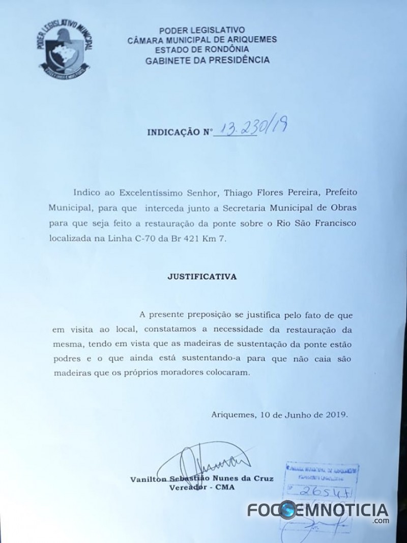 VEREADOR VANILTON PEDE A RECUPERA&Ccedil;&Atilde;O DA LC - 70 E PONTE DO RIO S&Atilde;O FRANCISCO NA BR - 421