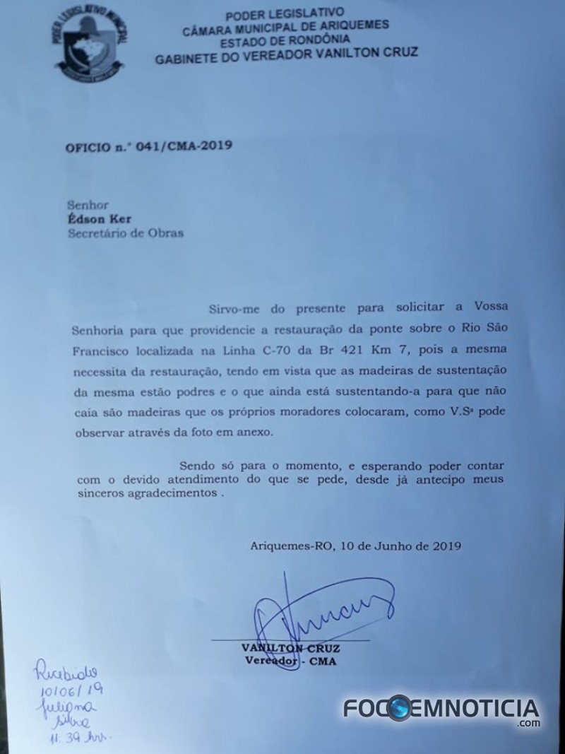 VEREADOR VANILTON PEDE A RECUPERA&Ccedil;&Atilde;O DA LC - 70 E PONTE DO RIO S&Atilde;O FRANCISCO NA BR - 421