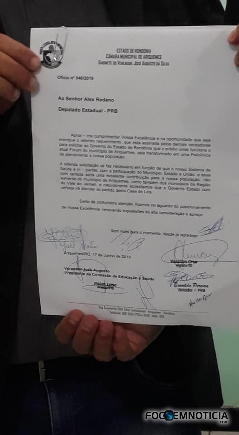VEREADOR JOS&Eacute; AUGUSTO PEDE AO DEPUTADO ALEX REDANO QUE F&Oacute;RUM SEJA TRANSFORMADO EM POLICL&Iacute;NICA