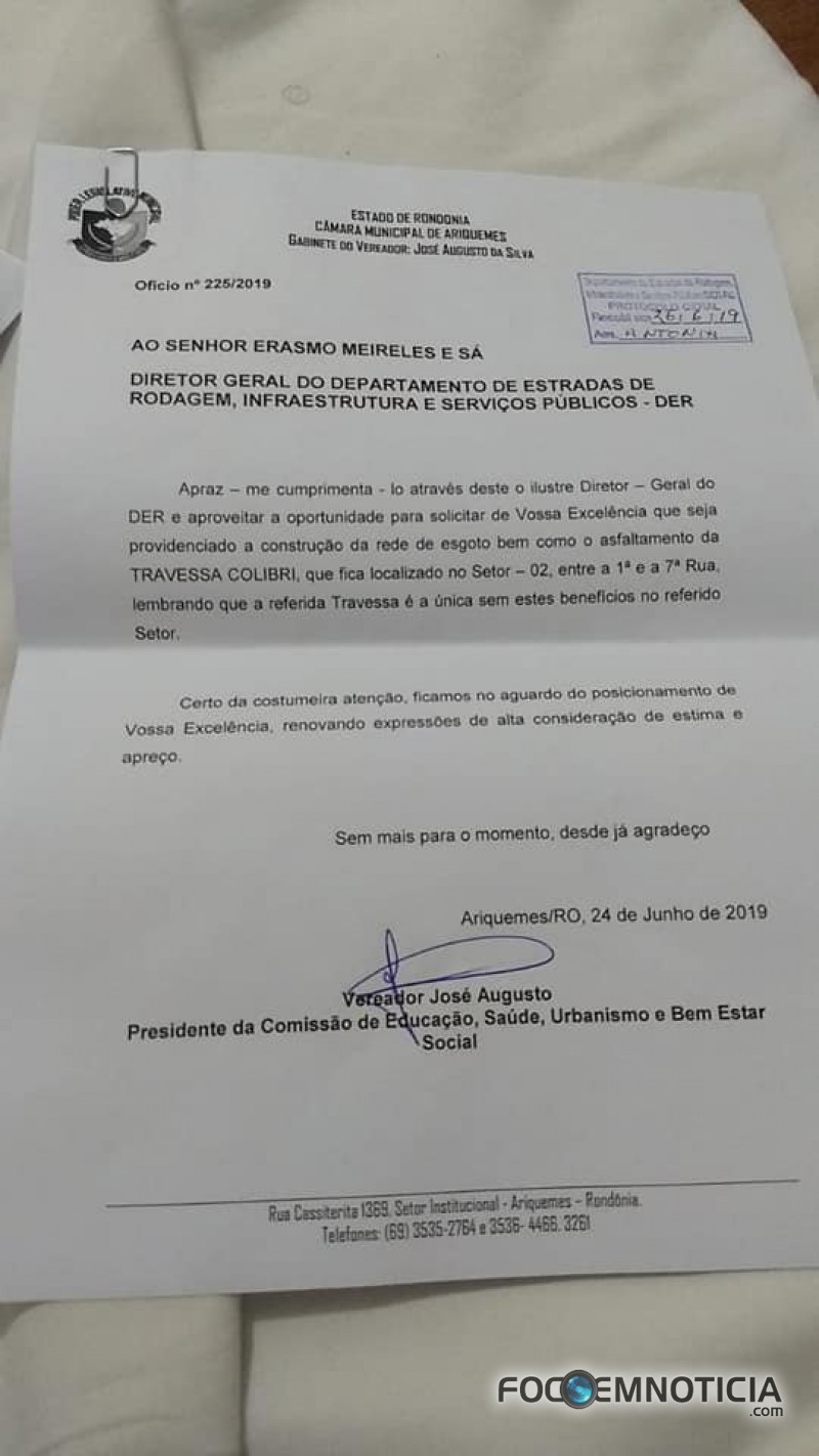 VEREADOR JOS&Eacute; AUGUSTO PEDE AO DER A CONSTRU&Ccedil;&Atilde;O DE ROTAT&Oacute;RIA NA CANA&Atilde; E ASFALTO NA TRAVESSA COLIBRI