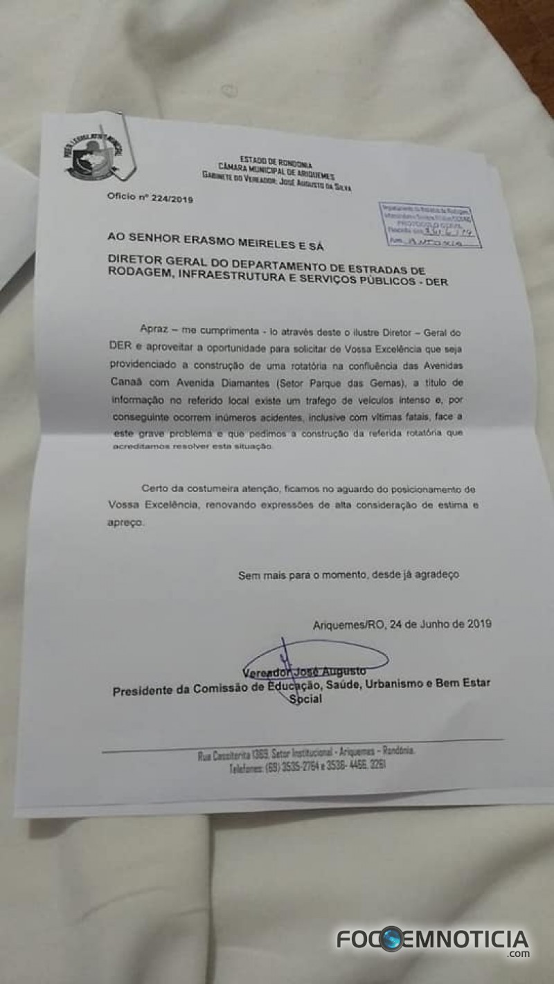 VEREADOR JOS&Eacute; AUGUSTO PEDE AO DER A CONSTRU&Ccedil;&Atilde;O DE ROTAT&Oacute;RIA NA CANA&Atilde; E ASFALTO NA TRAVESSA COLIBRI