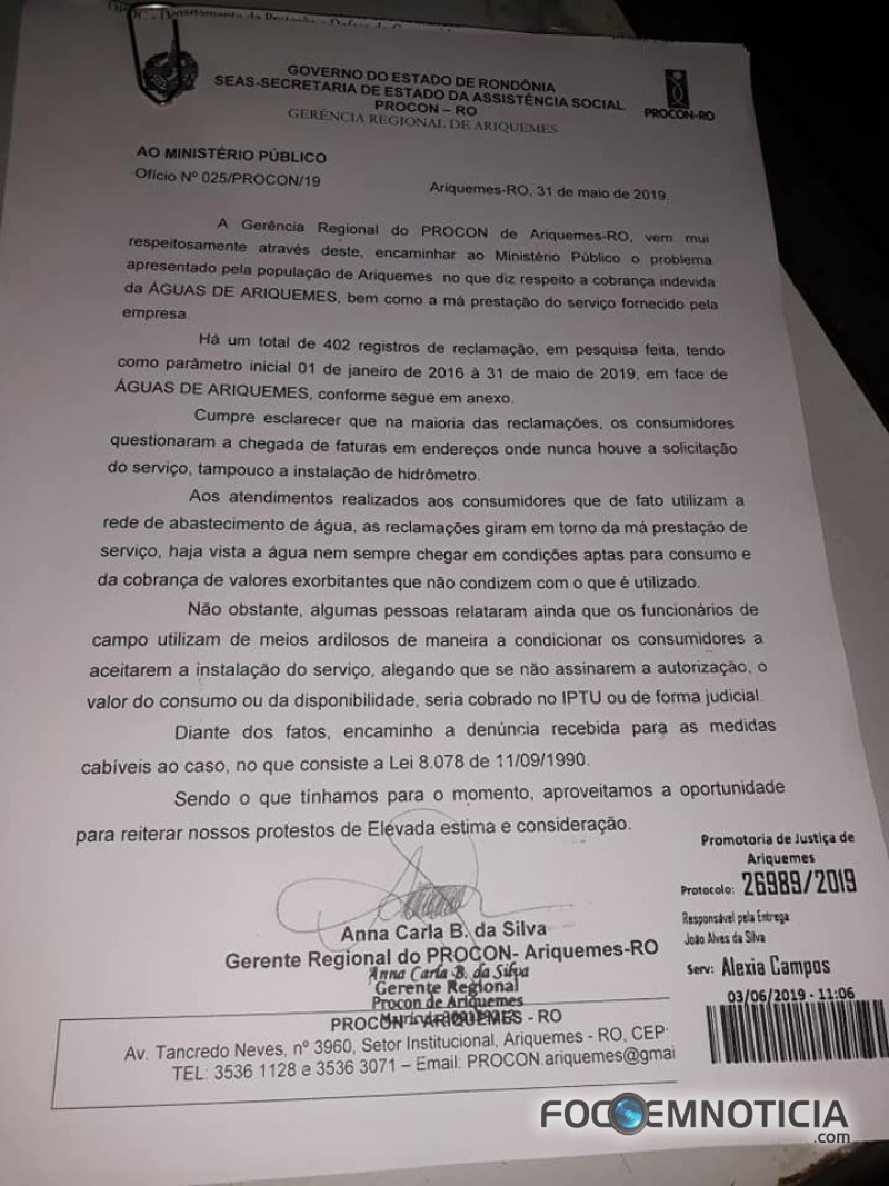 PROCON DIZ QUE RECLAMA&Ccedil;&Otilde;ES CONTRA EMPRESA "&Aacute;GUA DE ARIQUEMES" AUMENTARAM 300%