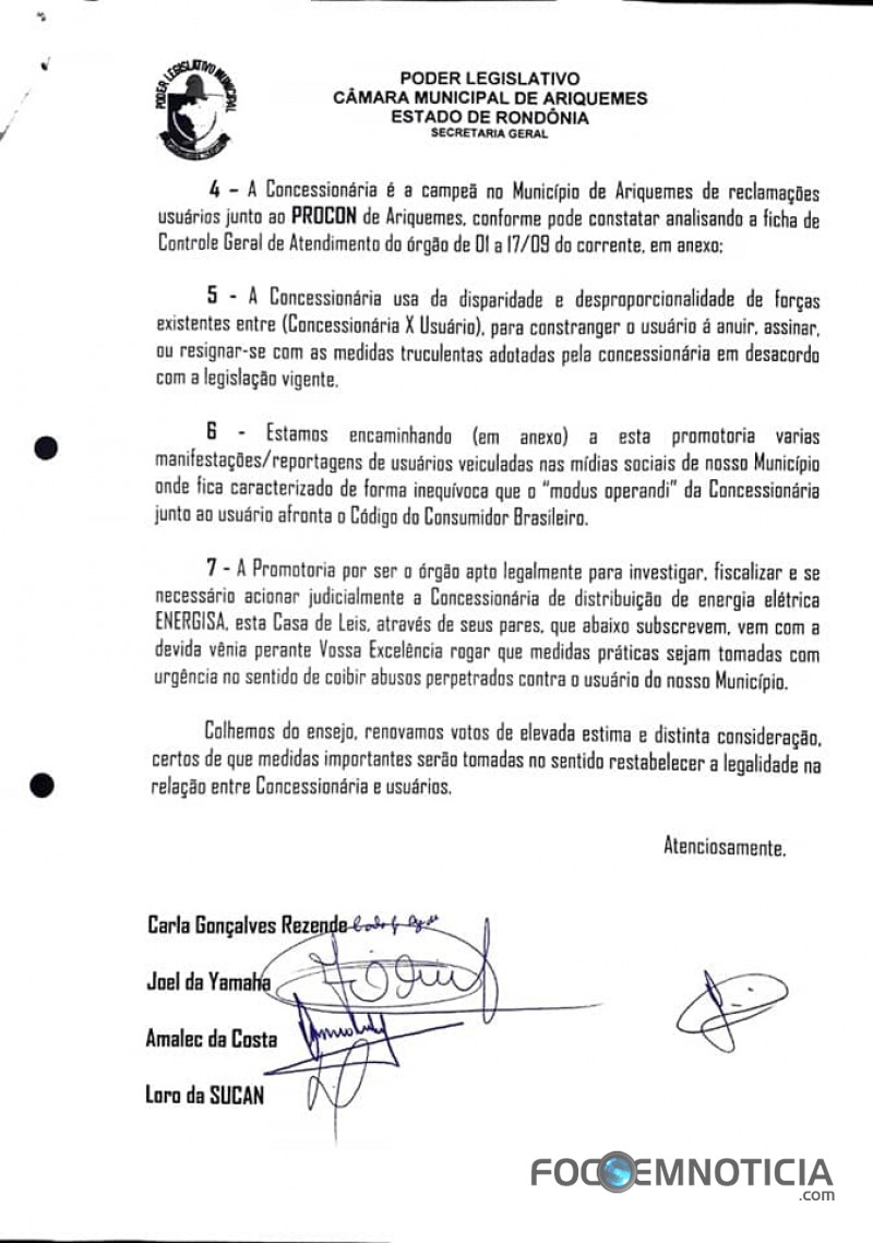 C&Acirc;MARA PEDE A PROMOTORIA DE JUSTI&Ccedil;A QUE INVESTIGUE DENUNCIAS CONTRA EMPRESA ENERGISA EM ARIQUEMES
