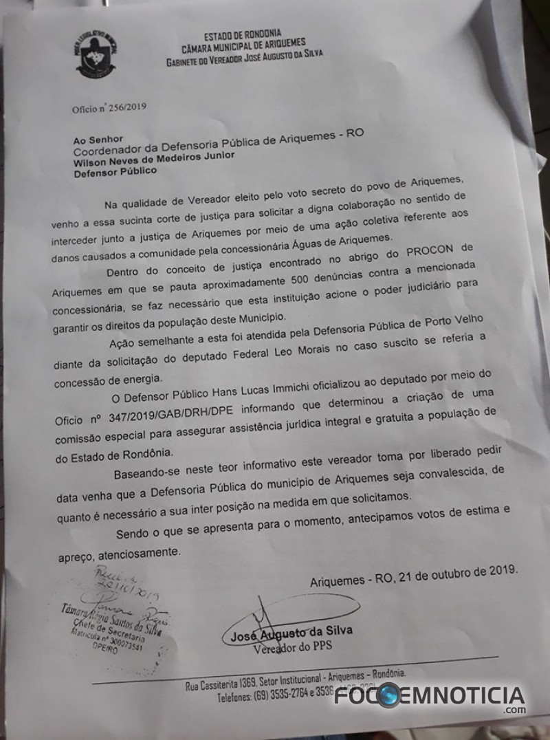 VEREADOR JOS&Eacute; AUGUSTO PEDE QUE DEFENSORIA P&Uacute;BLICA ASSUMA A&Ccedil;&Otilde;ES DA POPULA&Ccedil;AO CONTRA &Aacute;GUA DE ARIQUEMES