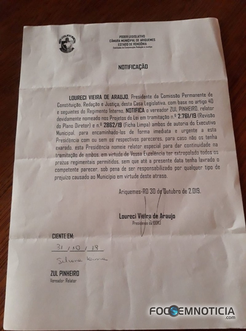 VEREADOR LORO PRESIDENTE DA CCJ NOTIFICA E DETERMINA QUE VEREADOR ZUL DEVOLVA PLANO DIRETOR