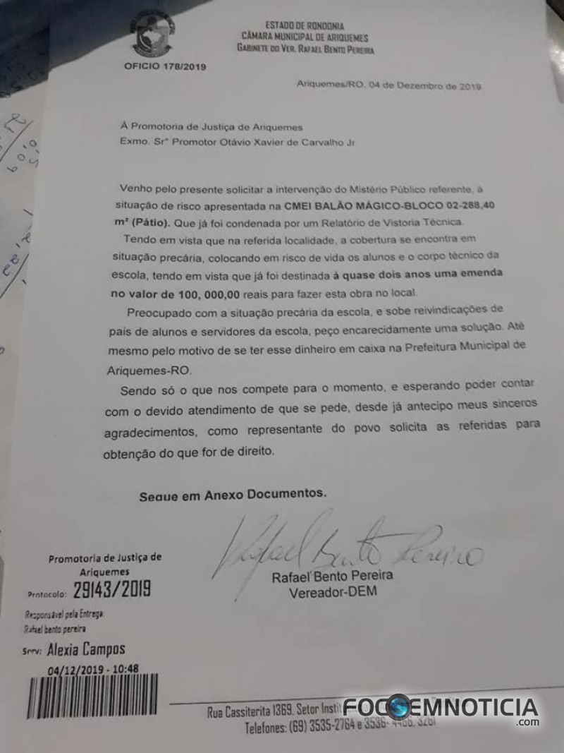 VEREADOR RAFAEL DENUNCIA NO MINIST&Eacute;RIO P&Uacute;BLICO QUE P&Aacute;TIO DA ESCOLA BAL&Atilde;O M&Aacute;GICO EST&Aacute; CONDENADO