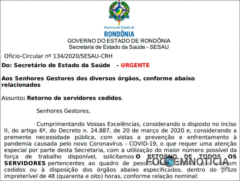 SERVIDORES CEDIDOS TEM 48 HORAS PARA SE APRESENTAR A SECRETARIA DE ESTADO DA SA&Uacute;DE