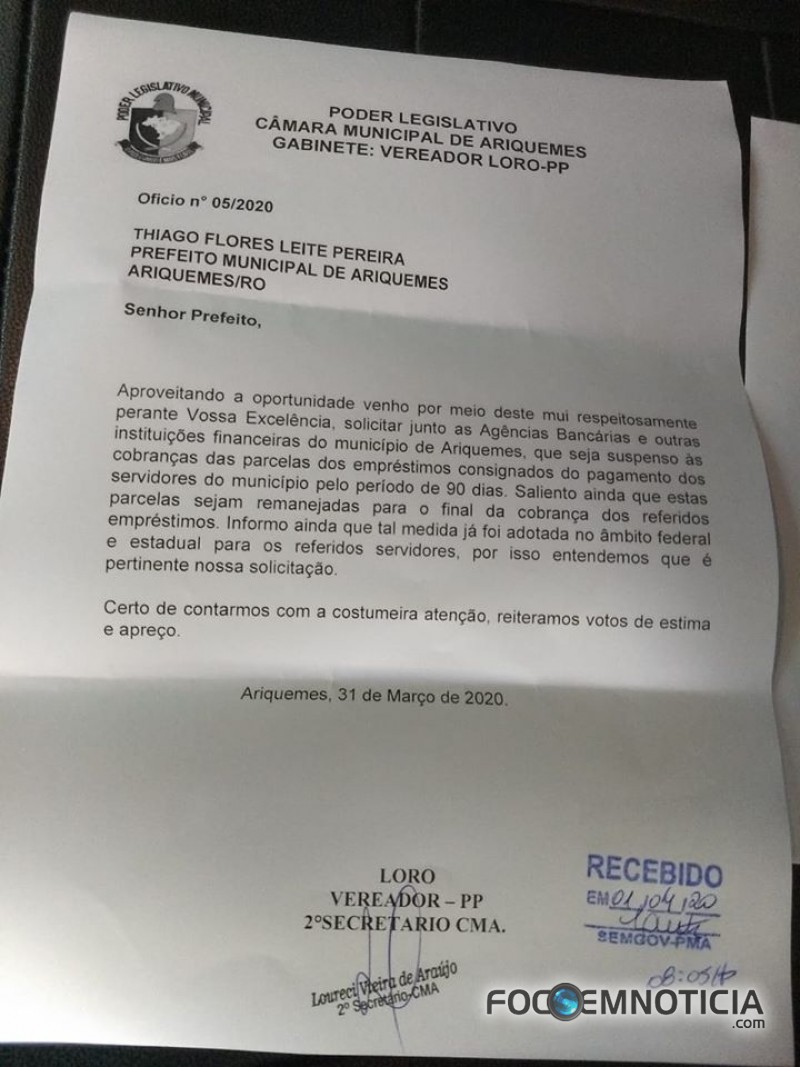 VEREADOR LORO PEDE A SUSPENS&Atilde;O DAS COBRAN&Ccedil;AS DOS EMPR&Eacute;STIMOS CONSIGNADOS POR 90 DIAS
