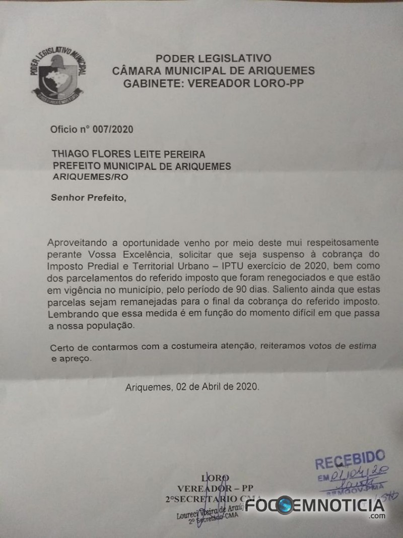 VEREADOR LORO PEDE A SUSPENS&Atilde;O DA COBRAN&Ccedil;A DO IPTU EM ARIQUEMES POR 90 DIAS